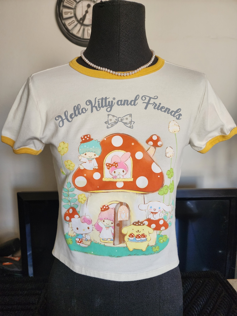 Hot Topic Cream Crop Tee with Yellow Trim and Mushroom Friends Graphic